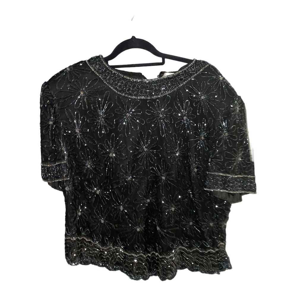 Papell Boutique size 2X black beaded short sleeved blouse/ Evening Wear/…